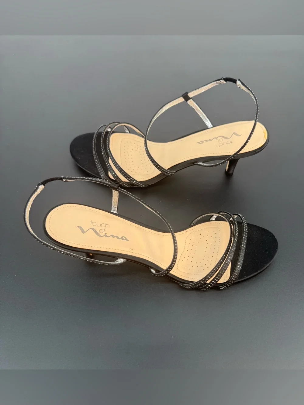 Touch of Nina Women Black Strappy Slingback Kitten Heels Size 10
